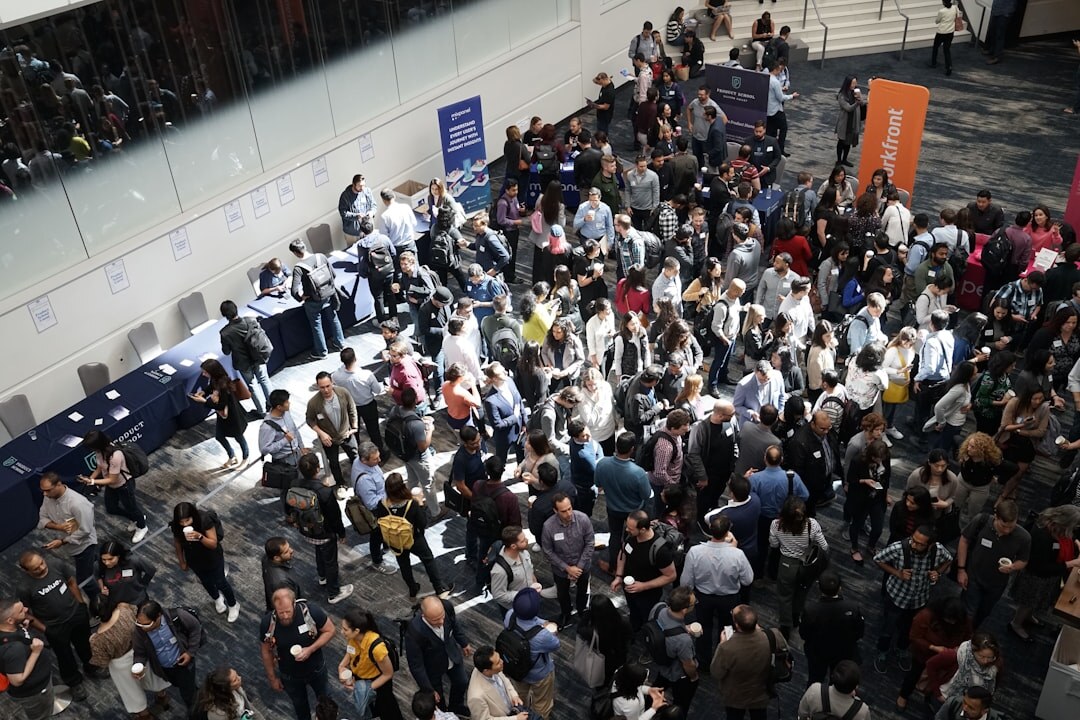business professionals networking at trade show